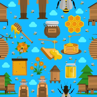 Honey seamless pattern with apiary dishes with honey and bees on blue background flat isolated vector illustration