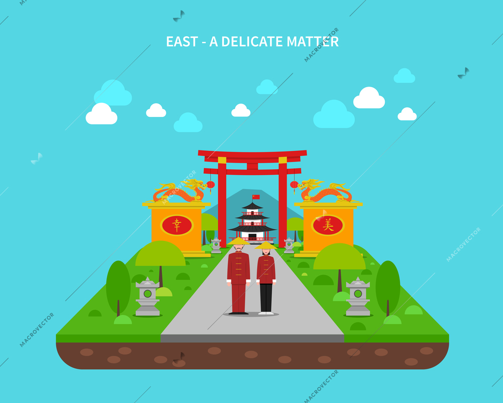 East and China concept with architecture traditional symbols and gardens flat vector illustration