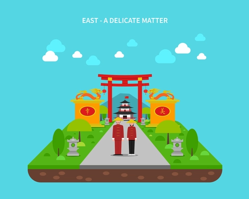 East and China concept with architecture traditional symbols and gardens flat vector illustration