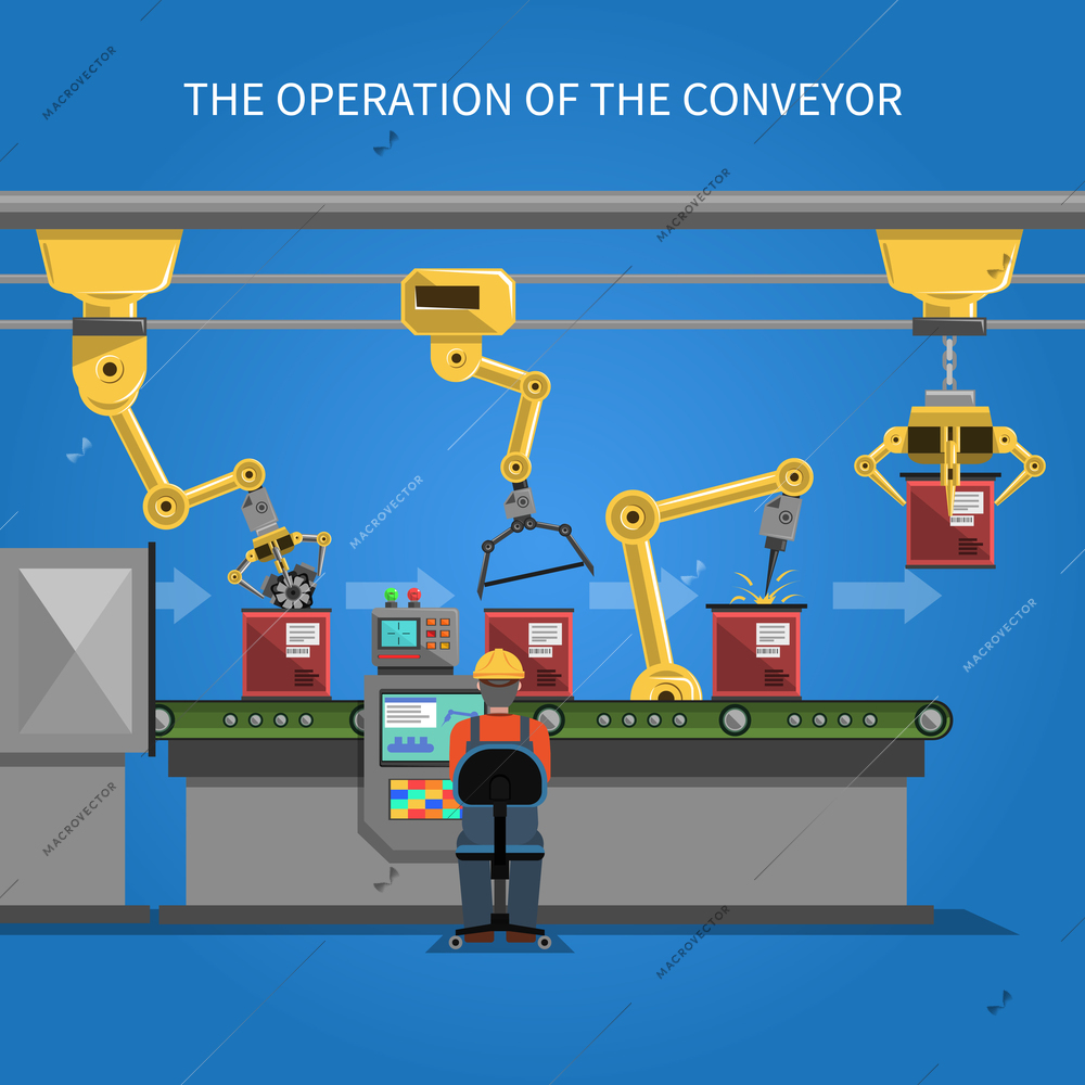 Robot operation of the conveyor with conveyor belt on blue background flat vector illustration