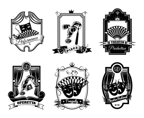 Theatre black white emblems set with tragedy and operetta symbols flat isolated vector illustration