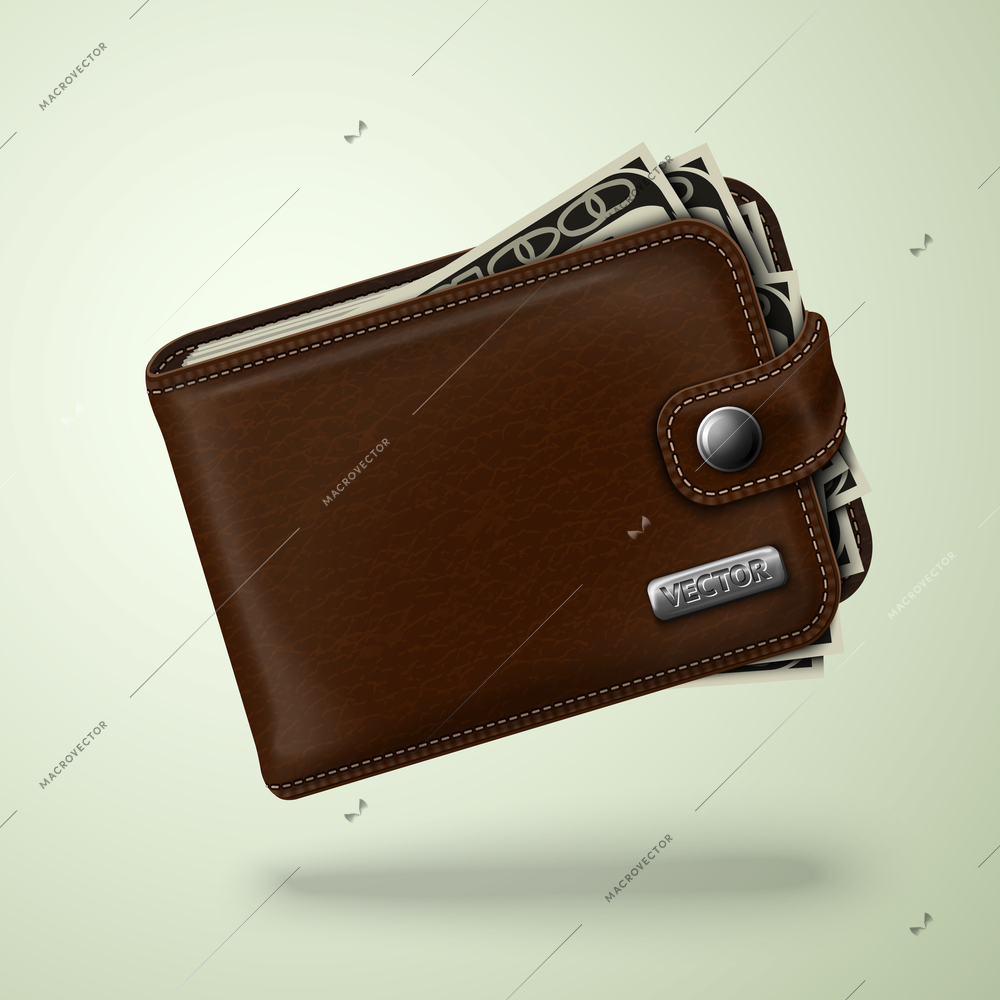 Classic modern brown leather pocket closed fat wallet filled with dollar banknotes vector illustration