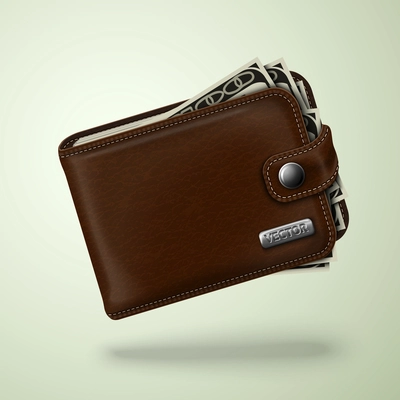 Classic modern brown leather pocket closed fat wallet filled with dollar banknotes vector illustration