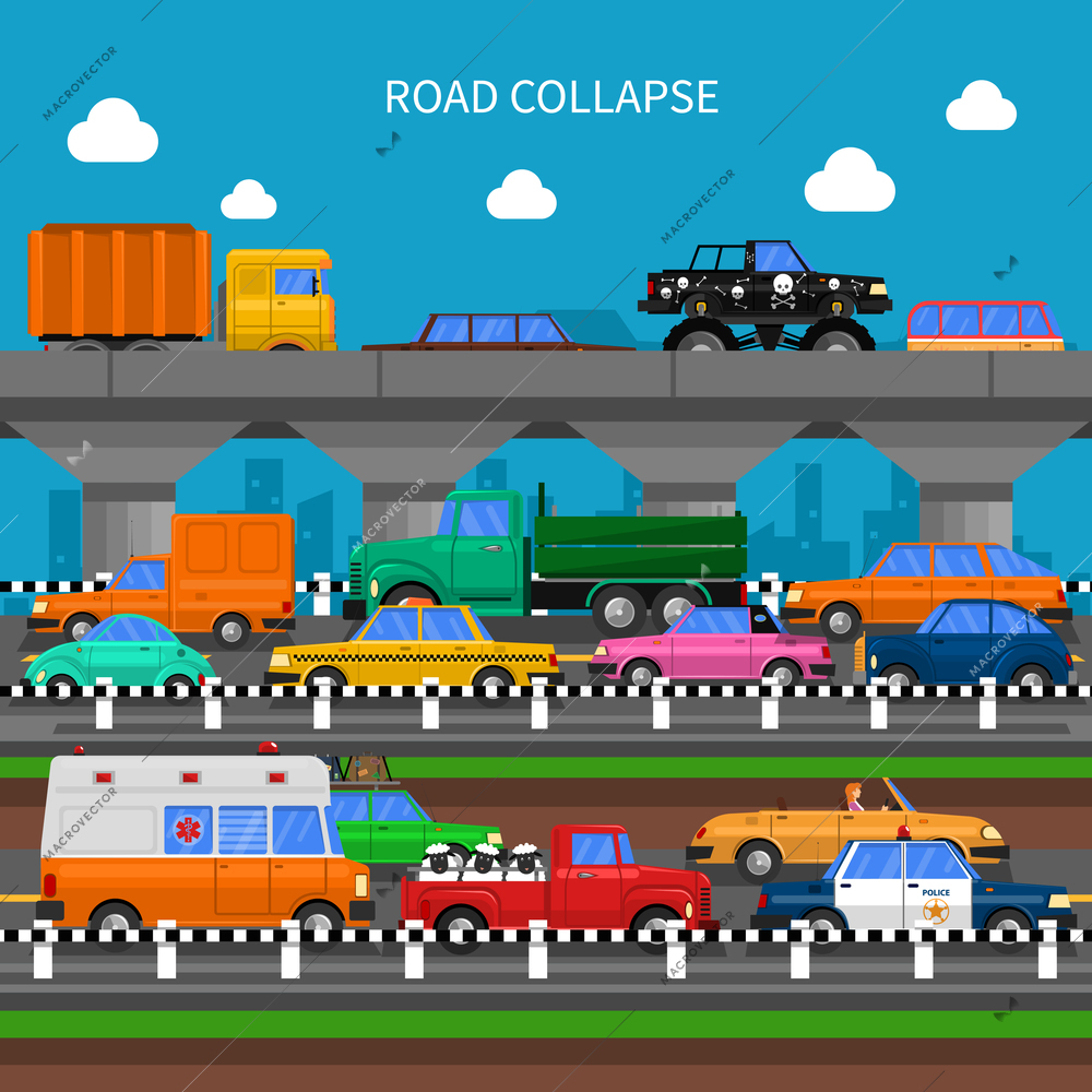 Road collapse and traffic jams background with lots of cars flat vector illustration