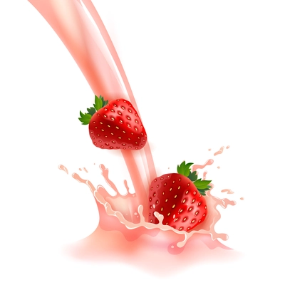 Strawberry sweet pink milk with berries and splashes realistic vector illustration