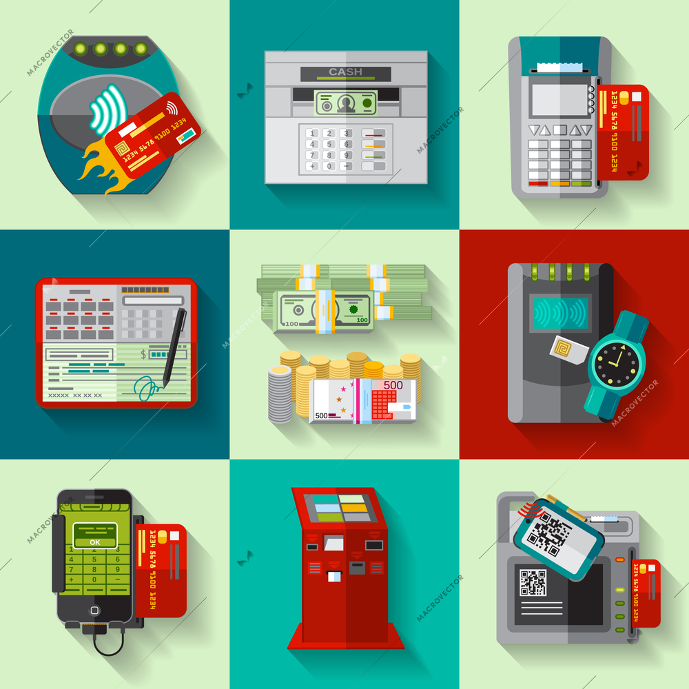 Payments methods flat icons set with atm machine green banknotes cash and credit card abstract vector illustration