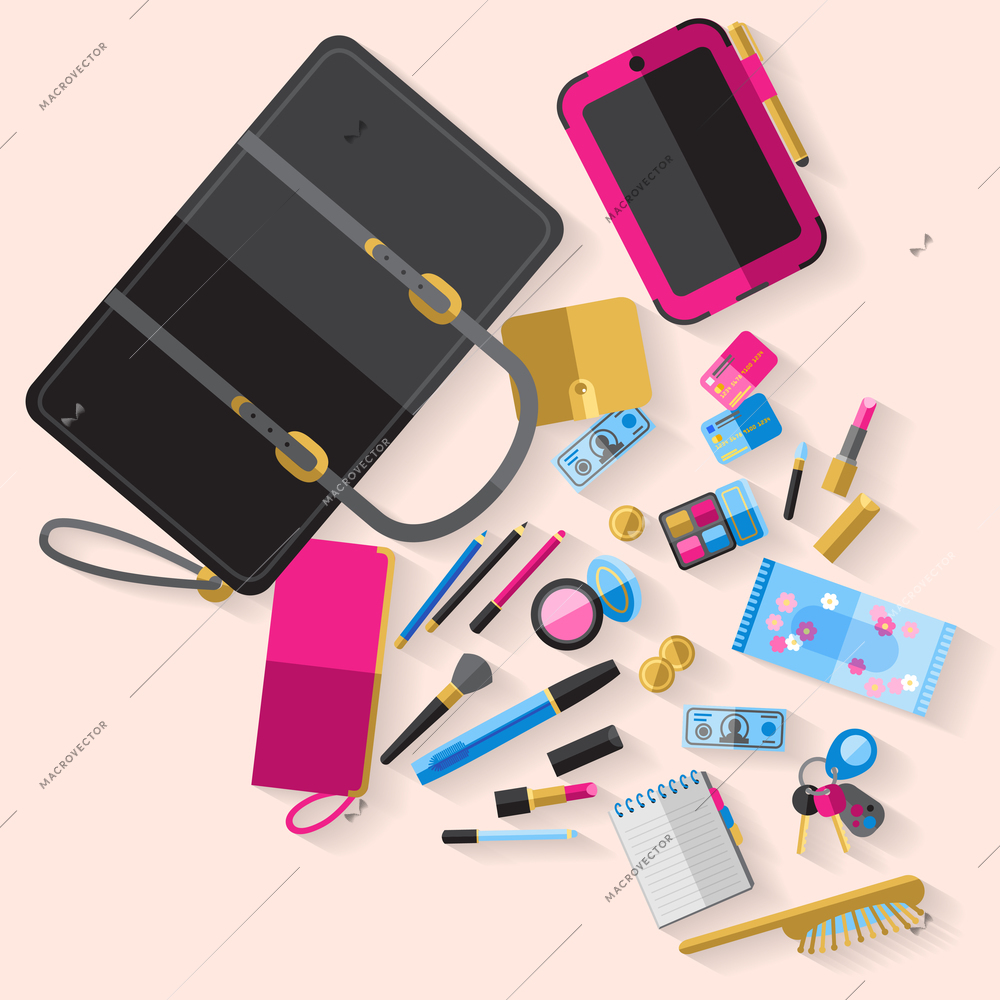 Woman open handbag content with makeup items cosmetic case smartphone purse and beauty accessories abstract vector illustration