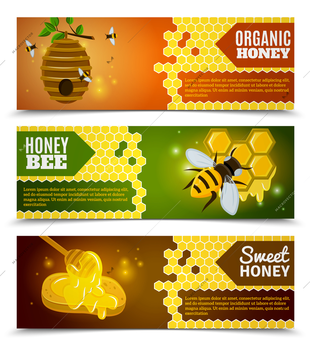 Honey horizontal banners set with bee organic and sweet honey symbols flat isolated vector illustration