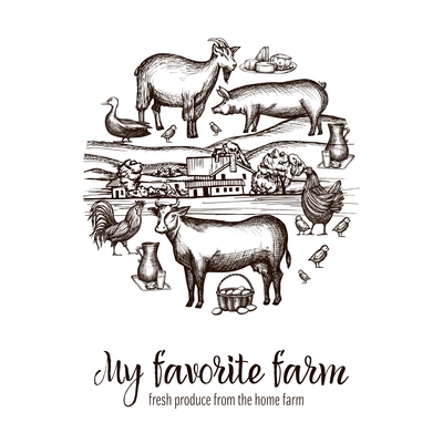 Farmers market poster with hand drawn livestock animals food and village on background vector illustration