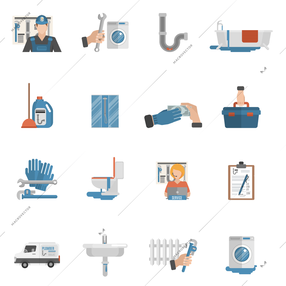 Plumber flat icons collection with online service operator and bathroom shower cabin equipment abstract isolated vector illustration