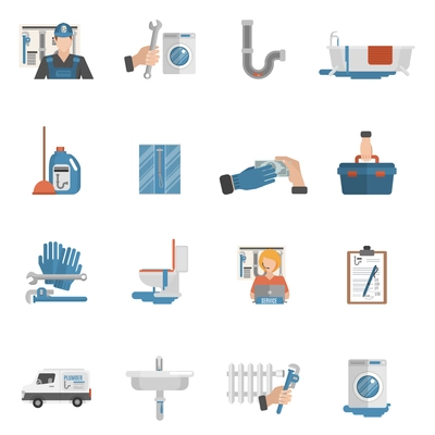 Plumber flat icons collection with online service operator and bathroom shower cabin equipment abstract isolated vector illustration