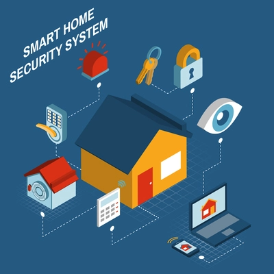 Smart home security alarm computerized remote control system concept poster with house symbol isometric abstract vector illustration