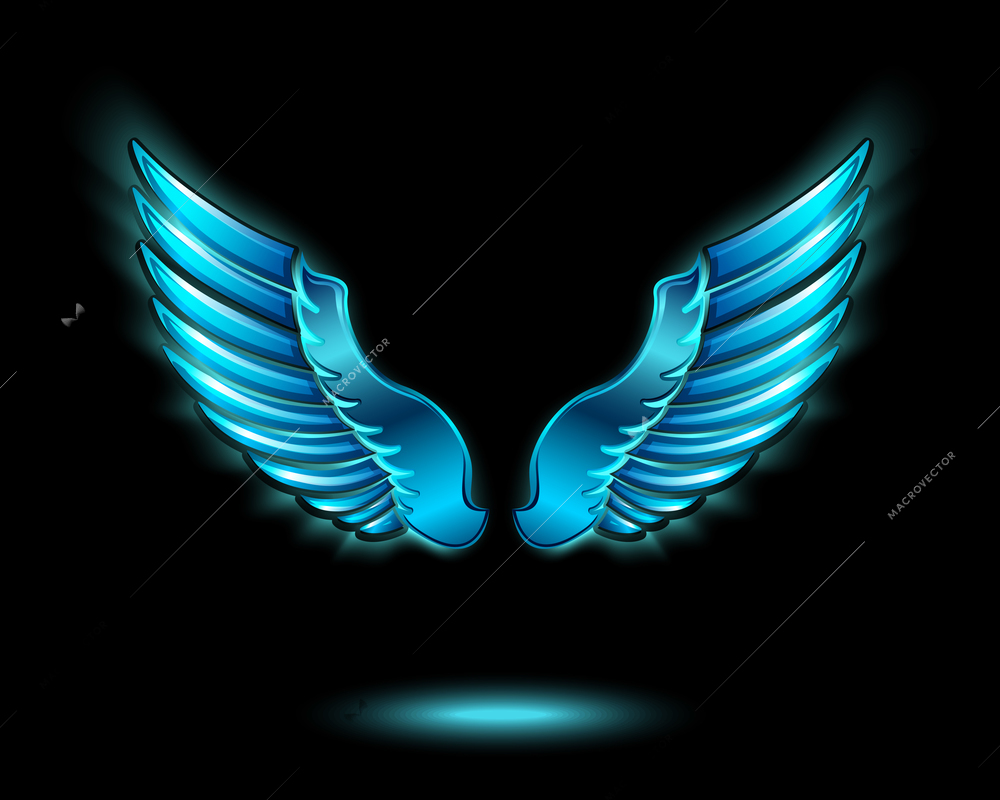 Blue glowing angel wings with metal shine and shadow symbol vector illustration