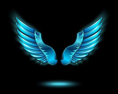 Blue glowing angel wings with metal shine and shadow symbol vector illustration