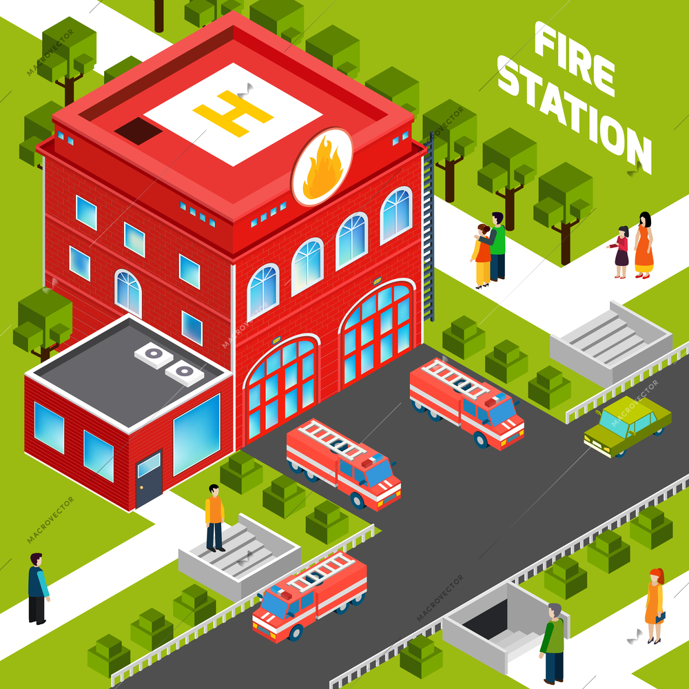 Design concept of  fire department building with  fire trucks and people on sidewalks isometric vector illustration