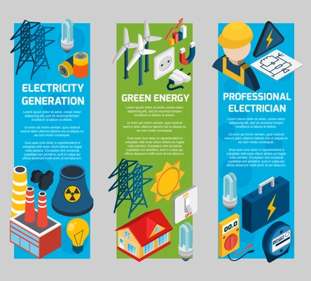 Electricity vertical banner set with isometric electrician elements isolated vector illustration
