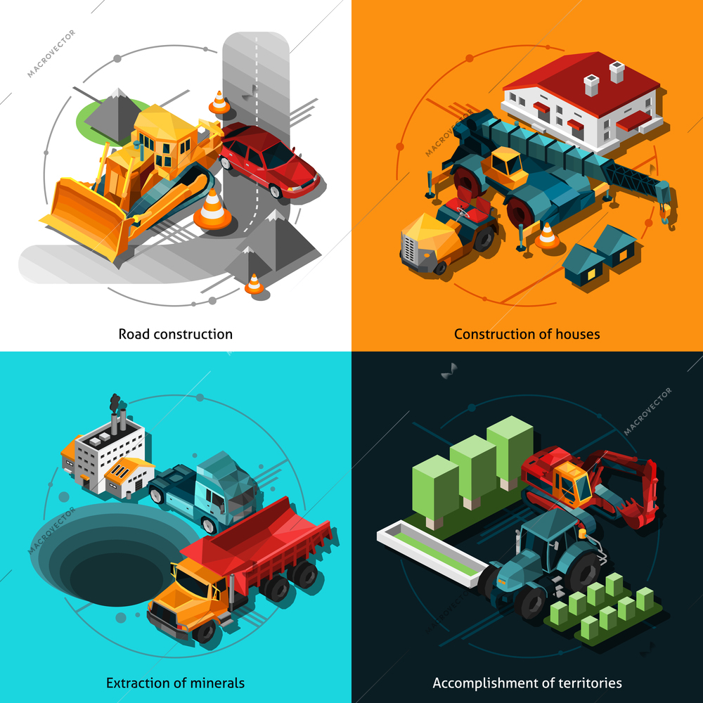 Isometric construction machines set with low poly road and house industrial trucks isolated vector illustration