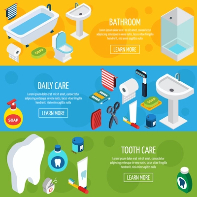 Isometric horizontal hygiene banners  with bathroom objects and  means of daily care and tooth care  vector illustration