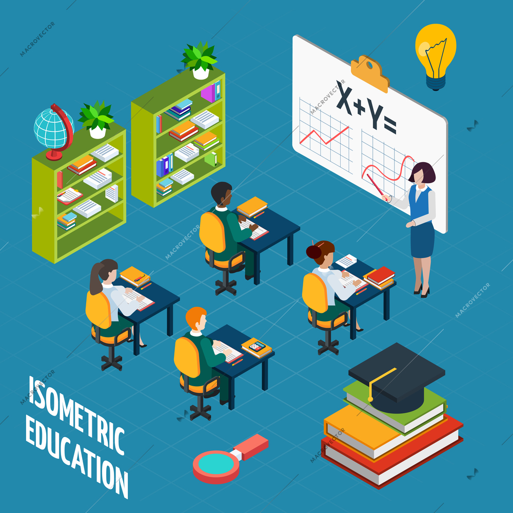 School education  isometric design concept with teacher at blackboard and pupil in classroom vector illustration