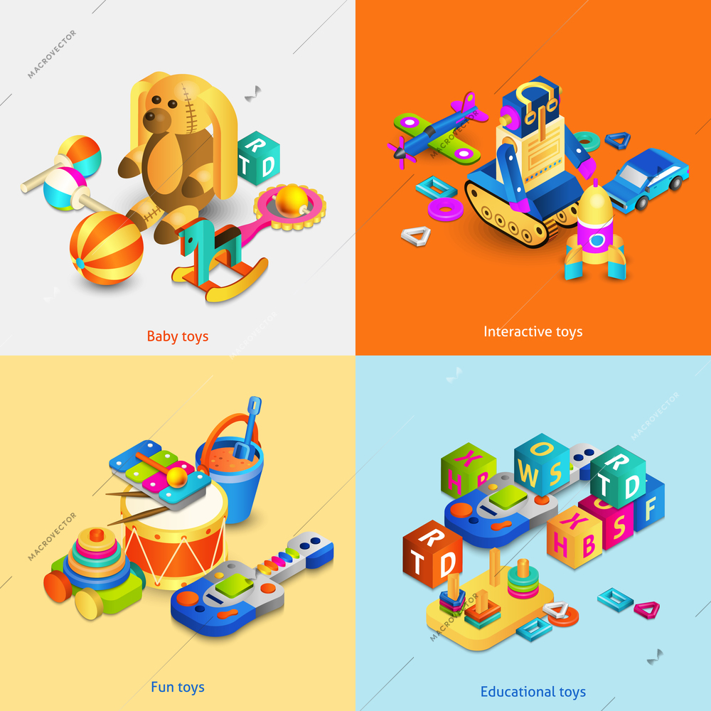 Toys design concept set with isometric baby fun interactive toys isolated vector illustration