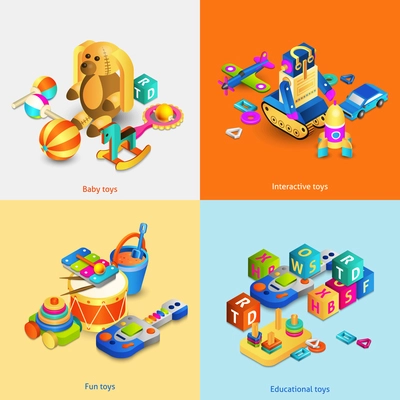 Toys design concept set with isometric baby fun interactive toys isolated vector illustration