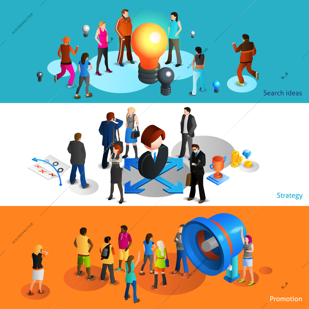 People isometric horizontal banners set with search ideas and strategy symbols isolated vector illustration