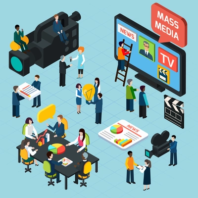 Mass media  isometric design concept set with journalists preparing news materials operators working with camera and interviewer vector illustration