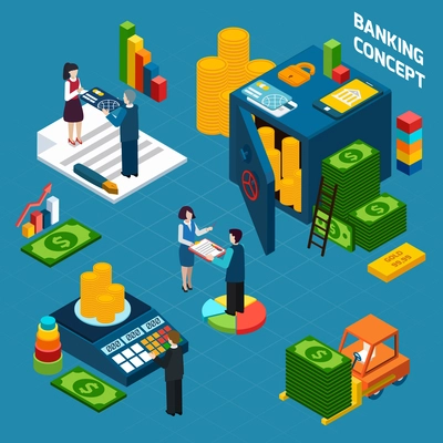 Banking  isometric design concept set with employees customers and bank vault vector illustration