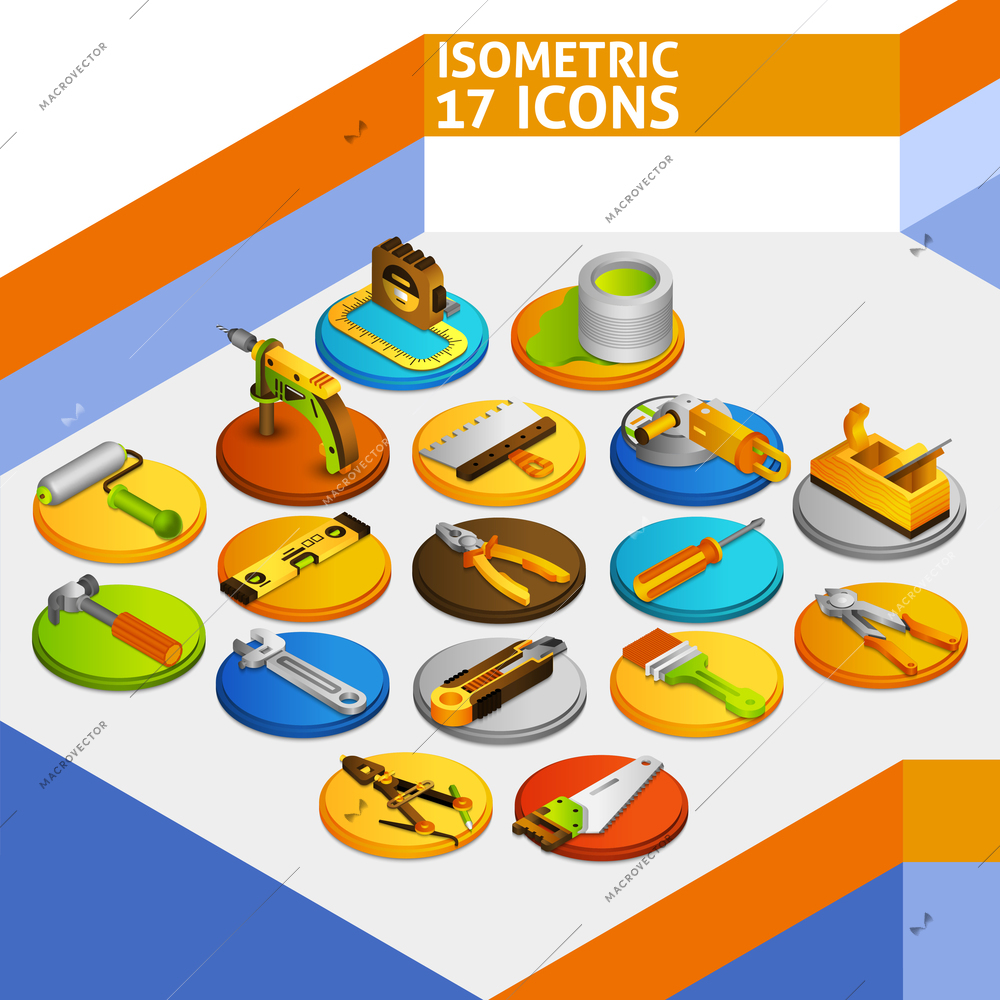 DIY tools isometric icons set with 3d paint brush screwdriver knife isolated vector illustration