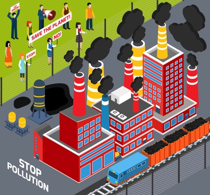 Isometric icons set  with  humans  protest action against Industrial pollution  vector illustration