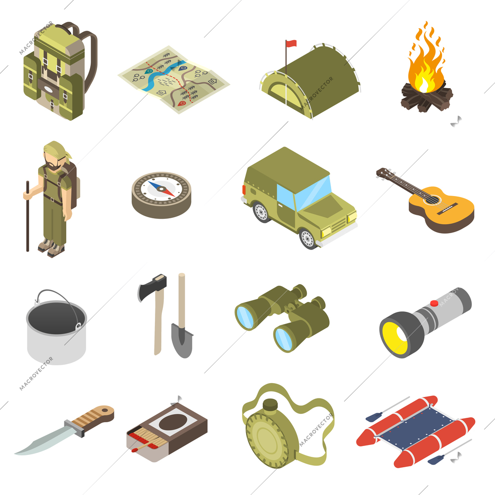 Set Of Hiking and Camping Icons with binoculars axe compass backpack tent knife tourist vector illustration