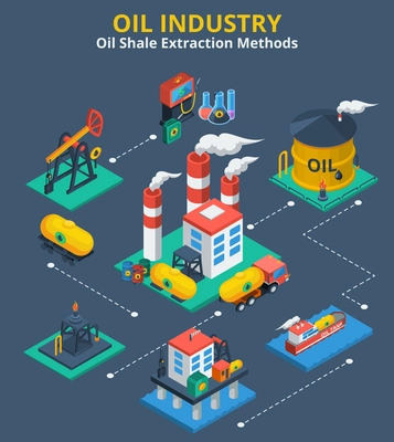 Oil industry isometric concept with fuel transportation process 3d icons vector illustration