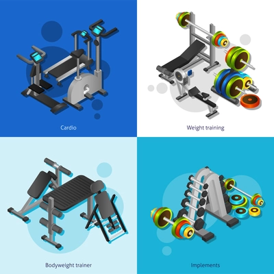 Small 2x2 posters set with cardio weight training bodyweight trainer and implements isometric realistic vector illustration