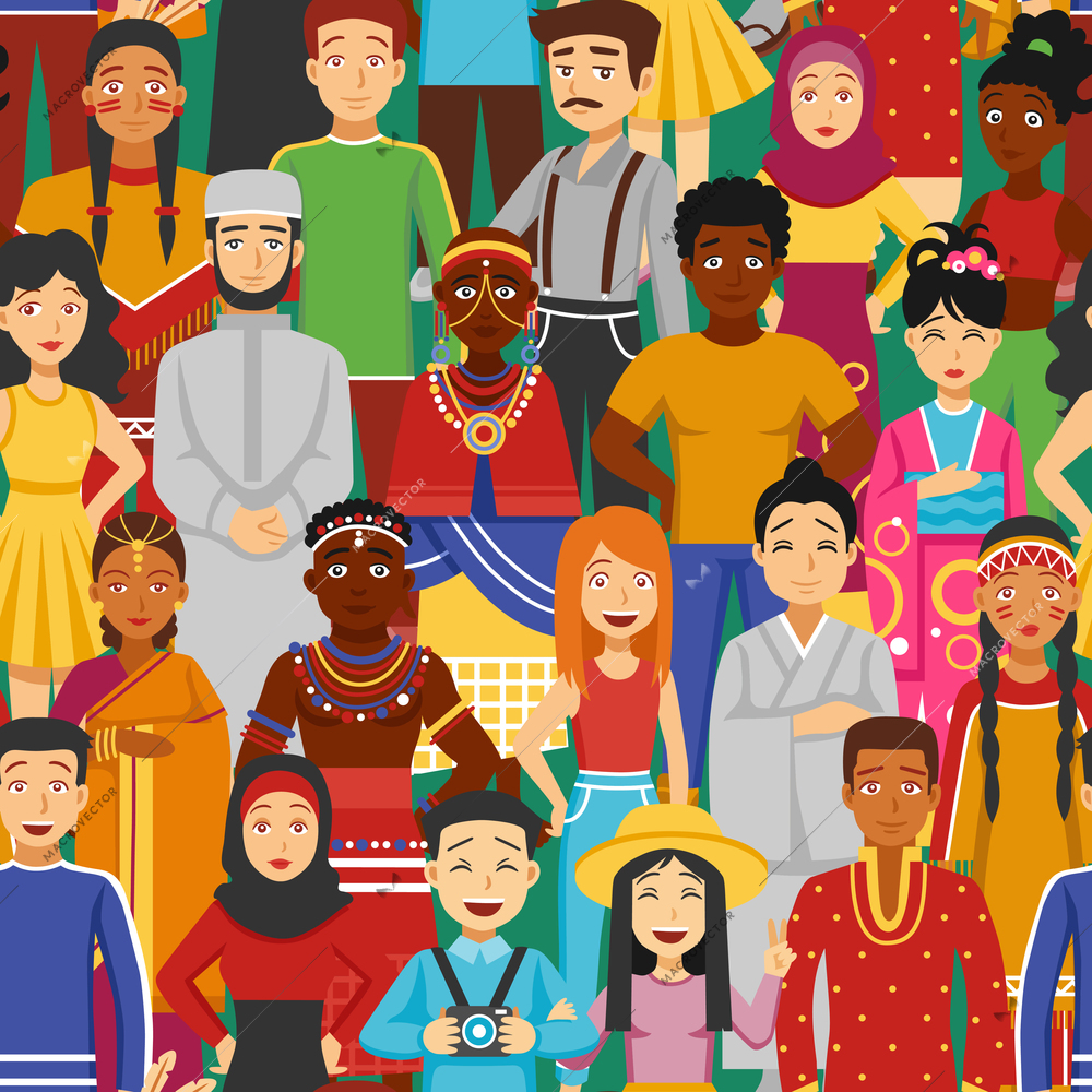 Nations and races with Asian Arabic and European people flat seamless illustration