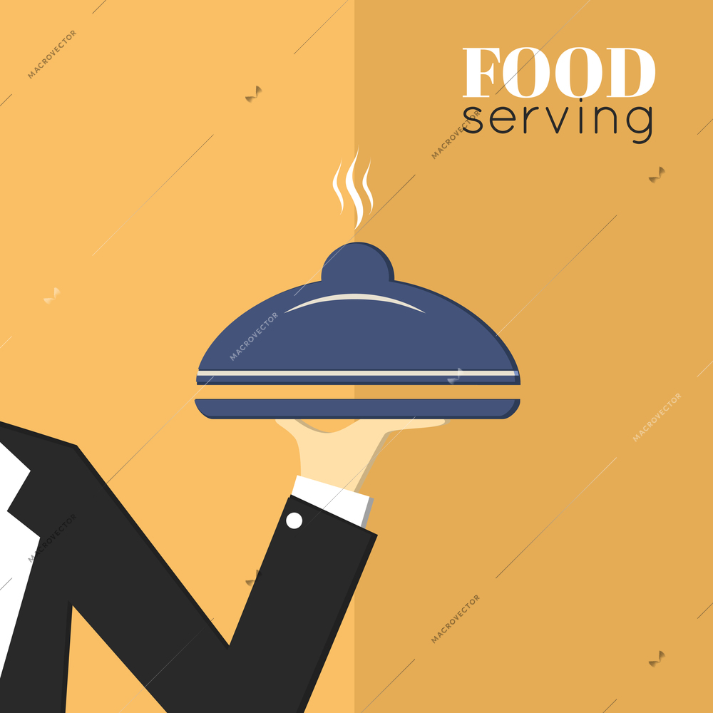 Food serving tray platter with waiter hand restaurant menu design template layout vector illustration