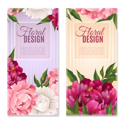 Floral design realistic vertical banners set with peonies isolated vector illustration