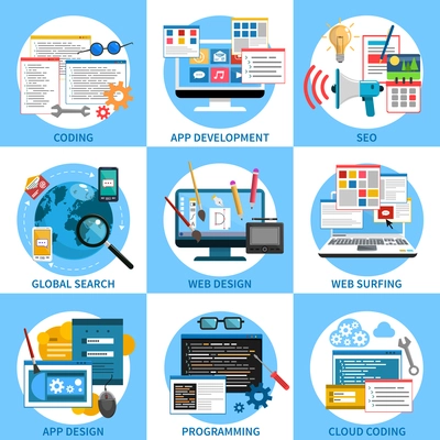 Web development concept set with seo coding and programming icons isolated vector illustration