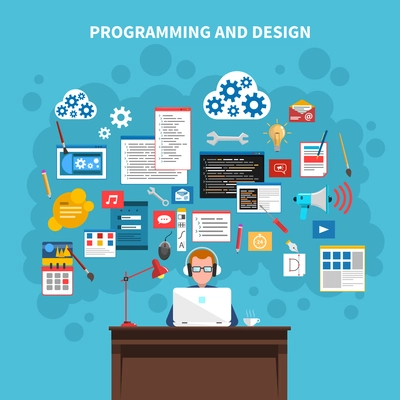 Programming and web design concept with programmer figure and website development symbols vector illustration