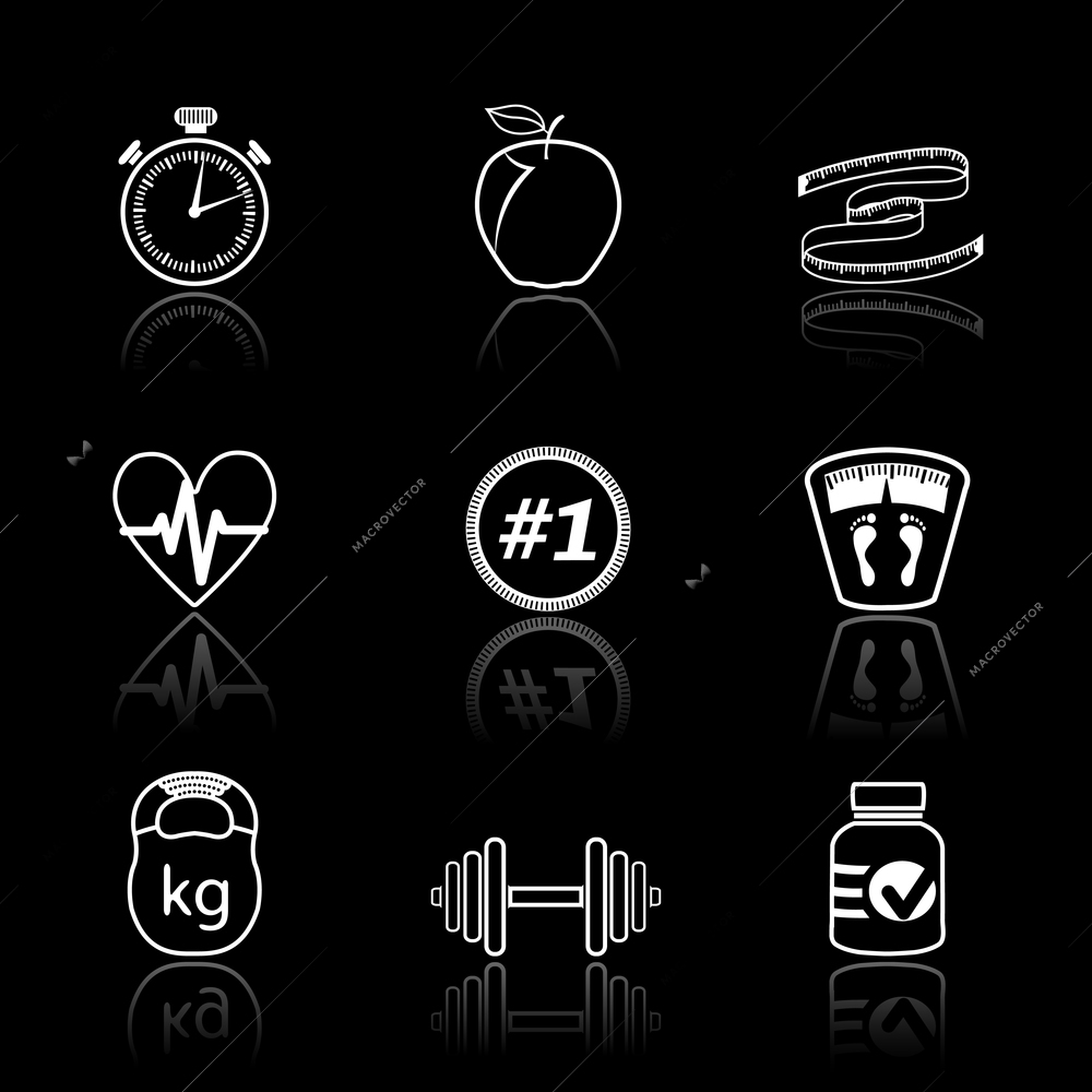 Fitness sport wellness healthcare icons set on black background isolated vector illustration