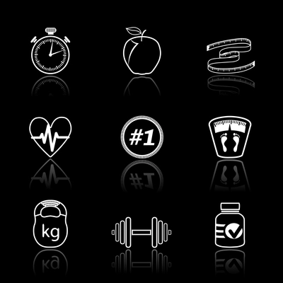 Fitness sport wellness healthcare icons set on black background isolated vector illustration