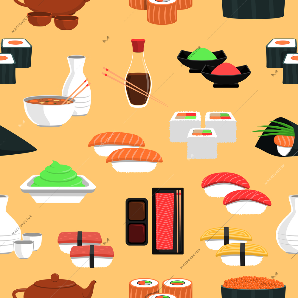 Sushi seamless pattern with rice and fish flat vector illustration