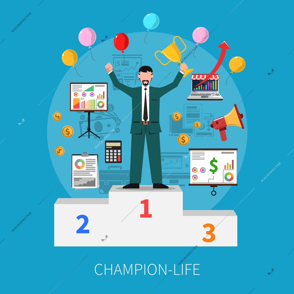 Champion life concept with cup and money symbols on blue background flat vector illustration