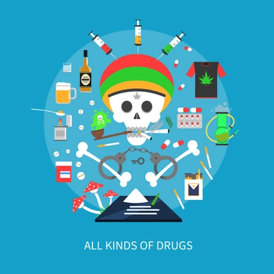 All kinds of drugs concept with skull and bones on blue background flat vector illustration