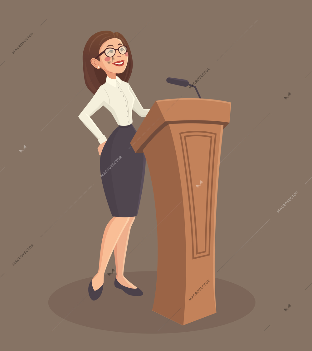Speaker woman with stand and microphone on brown background cartoon vector illustration