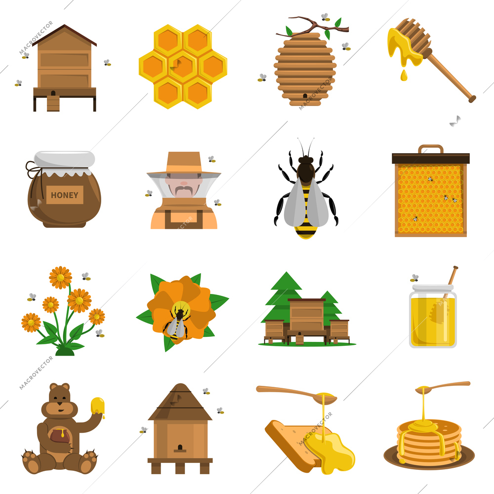 Honey icons set with apiary bees and flowers flat isolated vector illustration