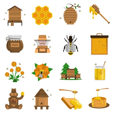 Honey icons set with apiary bees and flowers flat isolated vector illustration