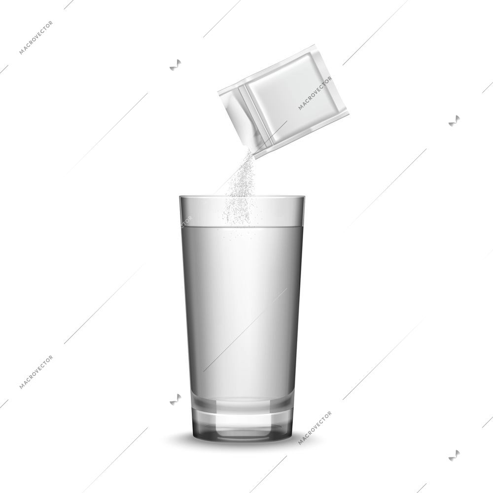 Blank white medicine packaging and glass of water realistic vector illustration