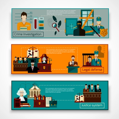 Law horizontal banner set with crime investigation elements isolated vector illustration