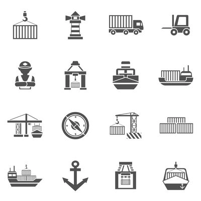 Seaport black icons set  with containers tankers and port facilities isolated vector illustration