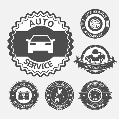 Car auto service labels badges emblems set isolated vector illustration